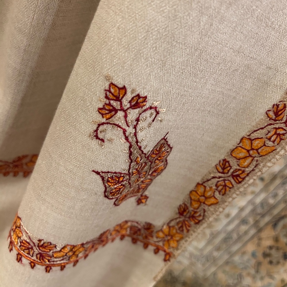 Hand Embroidered (needle) Cashmere Stole/ Scarf. Made in Kashmir 84x24”